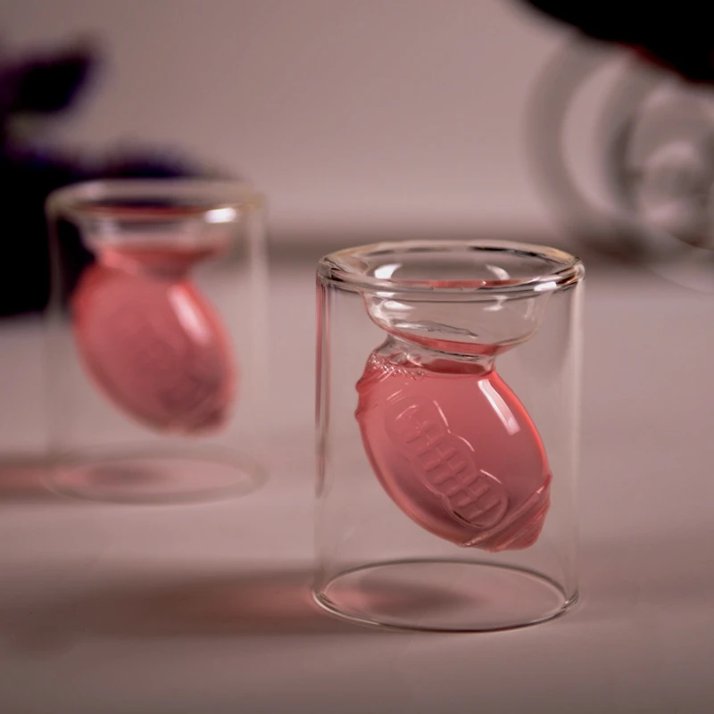 Handmade Clear Borosilicate Drinking Double Wall Glass Tea Cup Rugby Shaped Whisky Liquor Vodka Shot Glass American Football