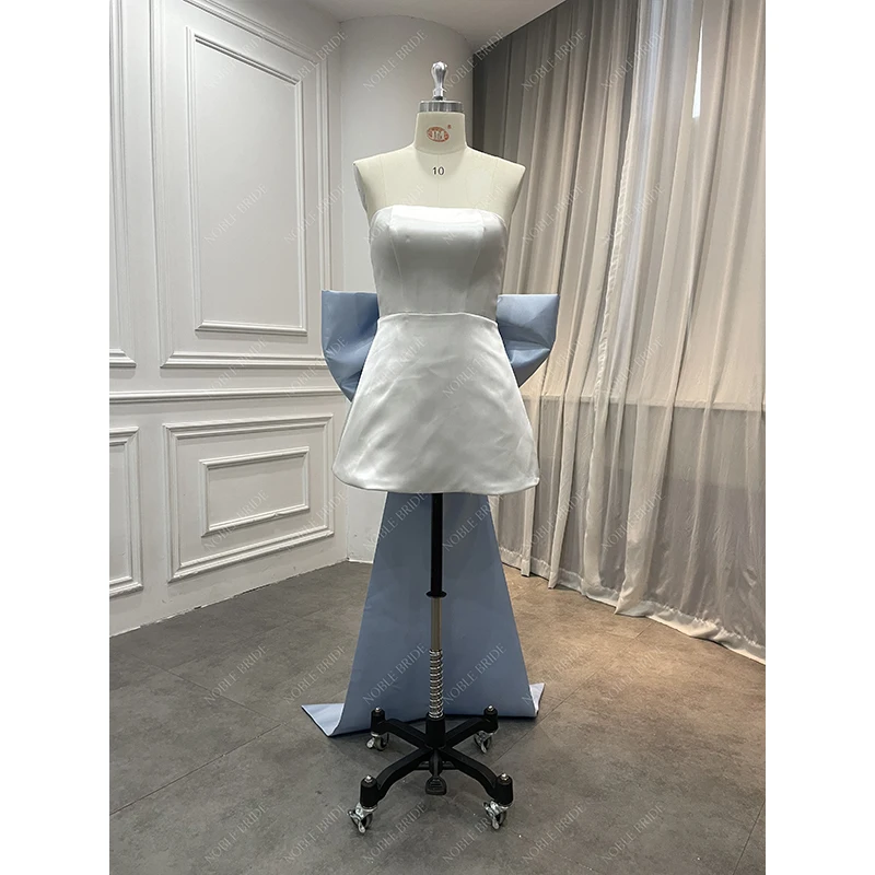Minimalist Bridal Cheap Big Blue Bow Wedding Reception Short Gown Women Princess Mini Satin Wedding Dresses with Puffy Sleeves