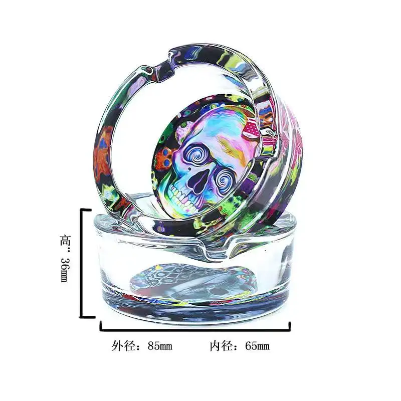 2024 Wholesale Glass Round Ashtray Household Office Cartoon Pattern Glass Ashtray Customized Logo Cigar Ashtrays