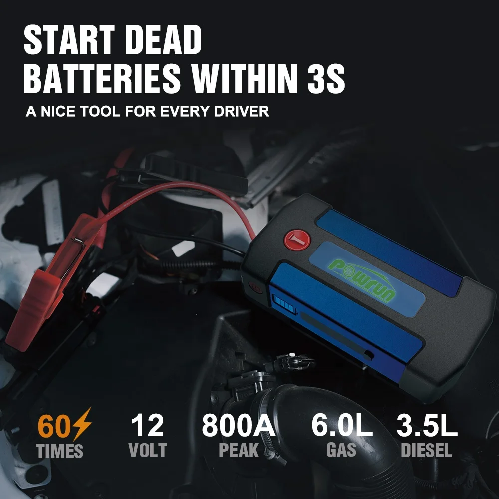 POWRUN 800A Peak Batteryless Booster Start 12V Mini Multi-function Car Power Bank Battery Jump