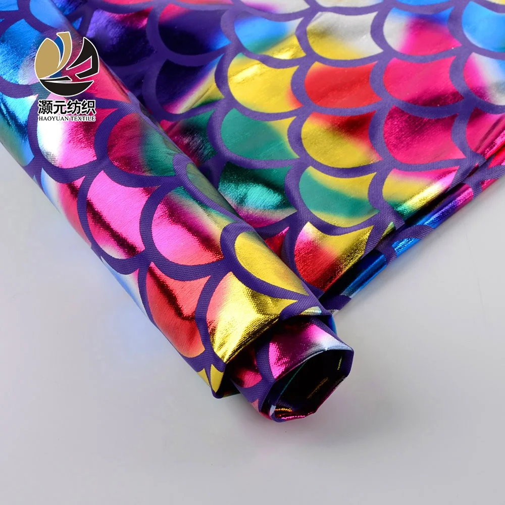 Cheap shiny polyester rainbow clothing fabric knitting suppliers with fish scale pattern for women dress