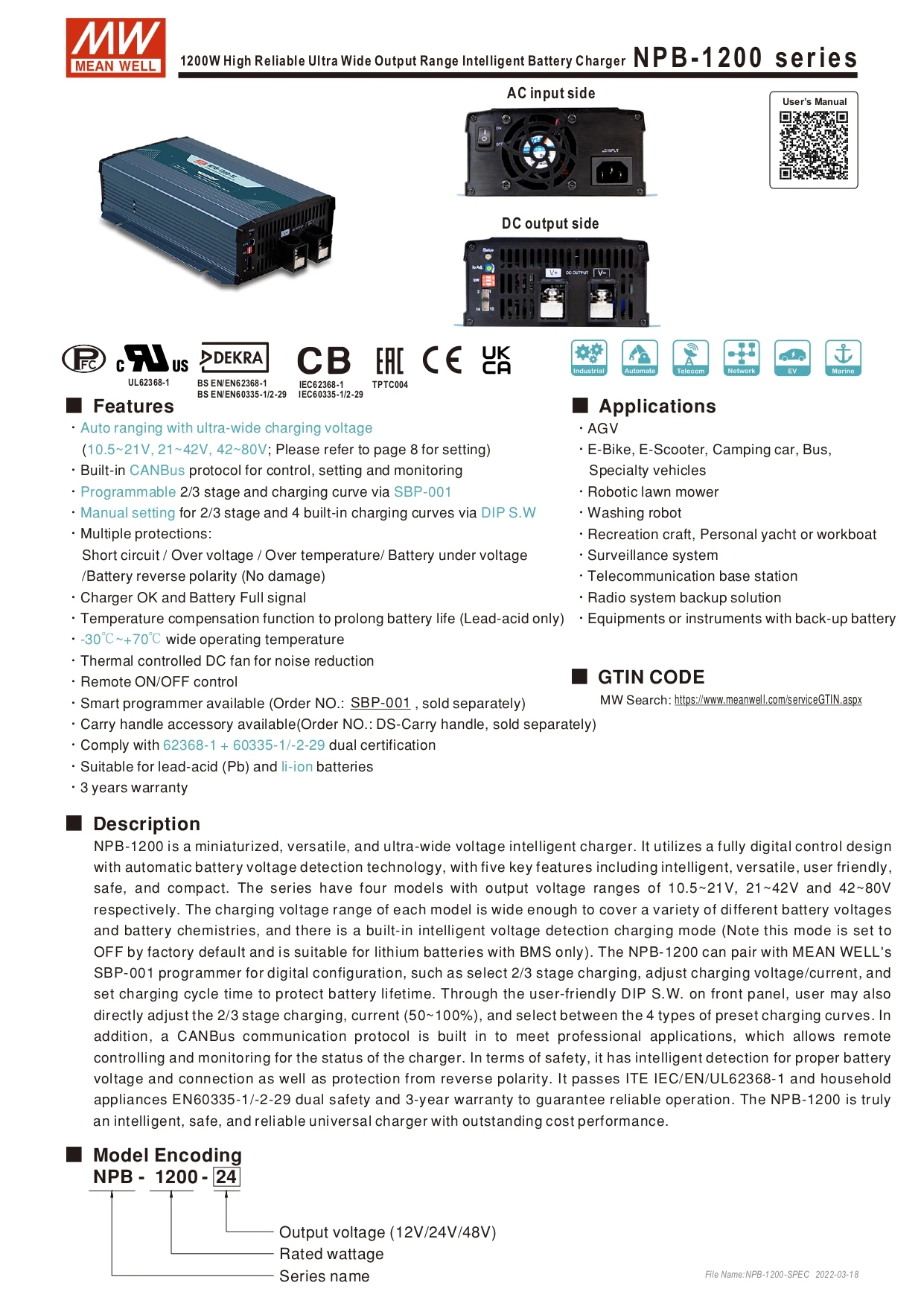 Meanwell NPB-1200-24 28.8V 21 To 42V 0 To 36A 1200W 24V Power Supply 1000W