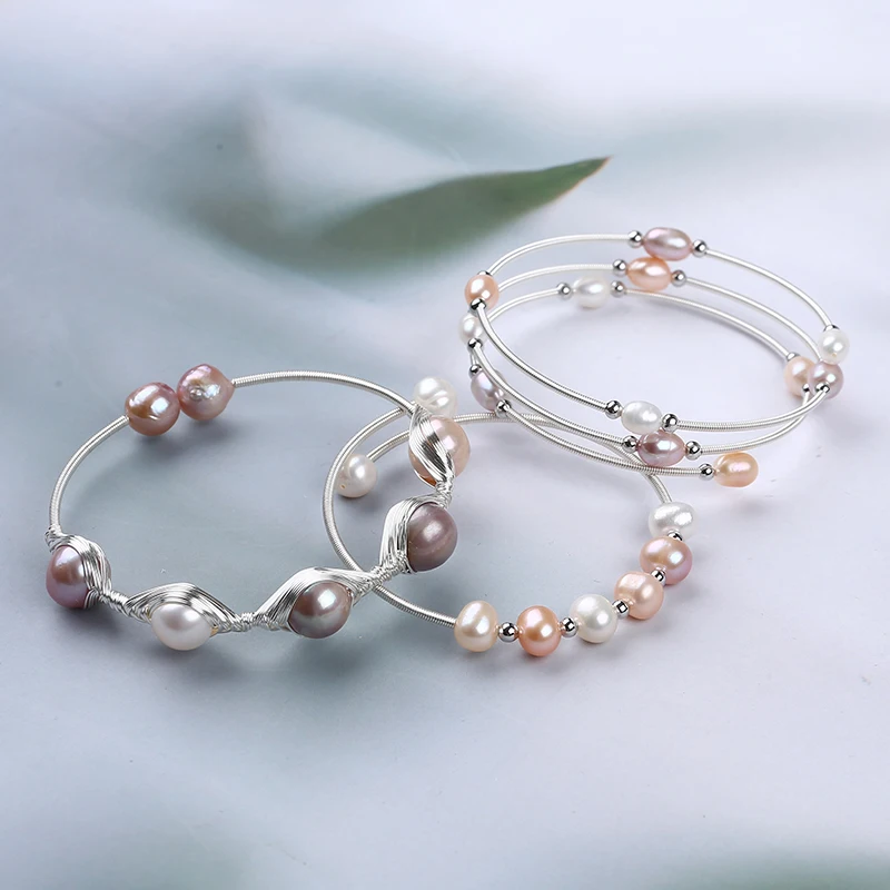 silver plated copper freshwater pearl beads adjustable bracelet