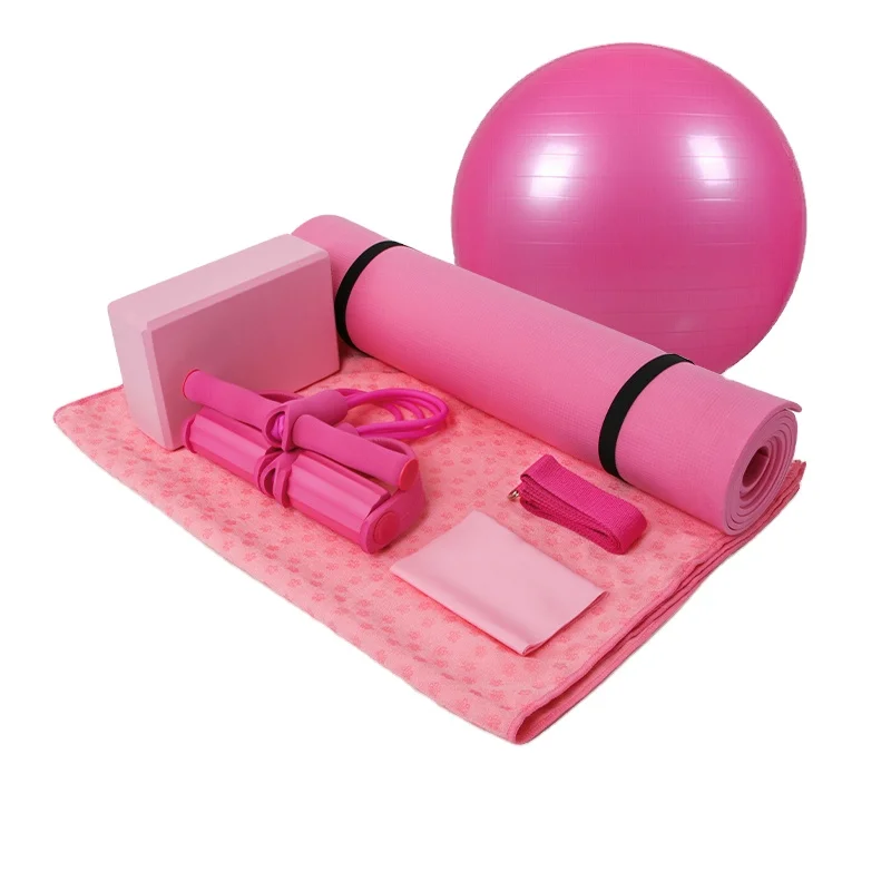 7 Pcs Yoga Set Health Fitness Home Includes Yoga Blocks and Mat Yoga Towel Ball Pedal Ttension Rope Band Strap