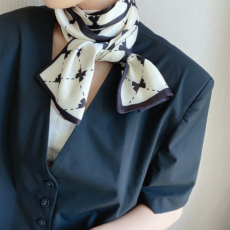 2024 New Korean Style Bow Pattern Twill Silk Scarf Long Plain Fashion Decorative Retro Collarbone Warm Scarf Headband for Women