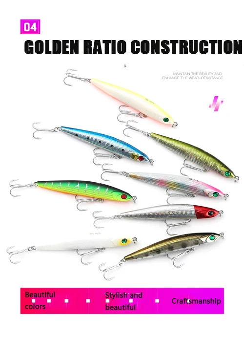 LUTAC 70mm 90mm Pencil Lure Wholewater Stick Bait Treble Hooks 3D Lure Eyes With 8 Colors