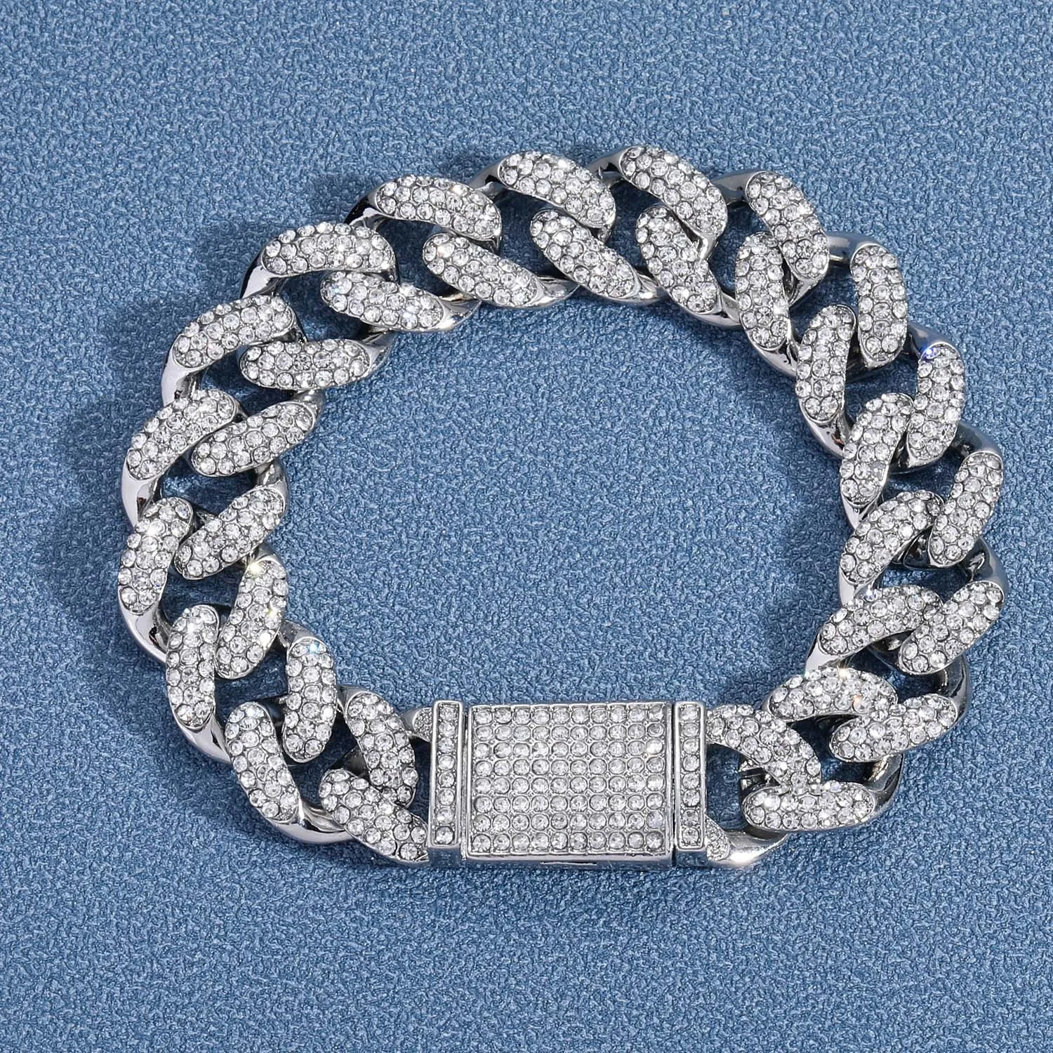 European Fashion Street Rap Jewelry Hip Hop 15mm Real Gold Plated Bling Rhinestone Iced Out Miami Cuban Link Chain Bracelet Men