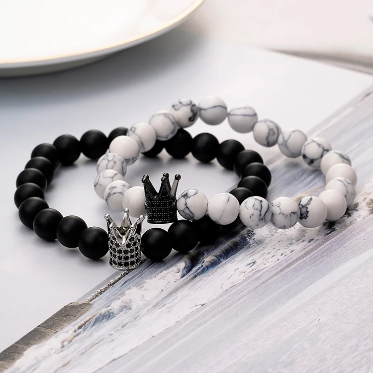 
Hot Sell Crown Natural Stone Couple Bracelet Men Women White Turquoise Black Onyx Beaded Bracelets 