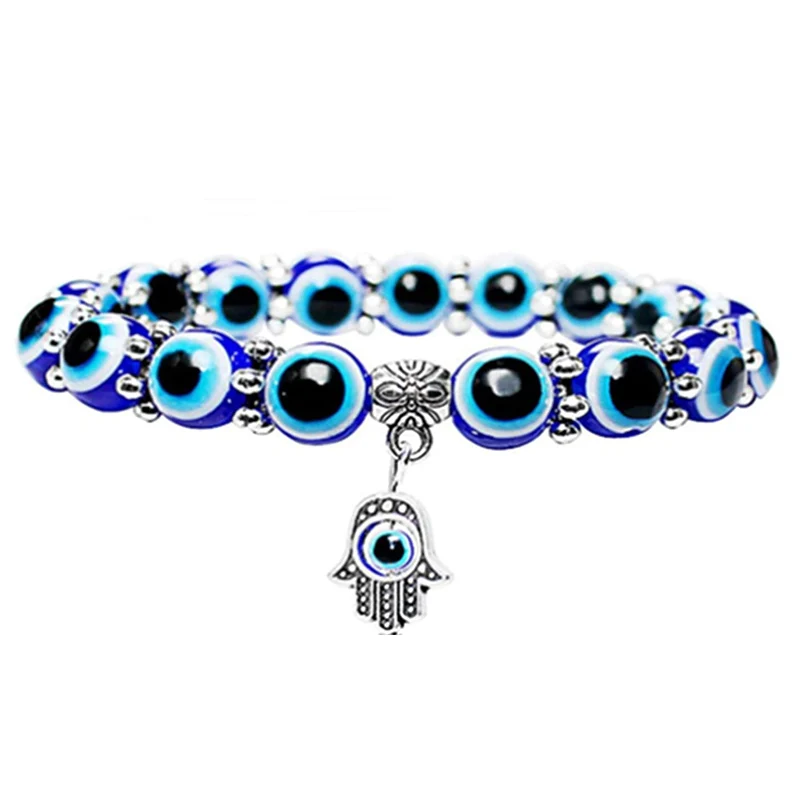 Evil Eye Hamsa Blue Beaded Charm Stretch Bracelet Hand of Fatima Turkish Lucky Evil Eye Bracelet