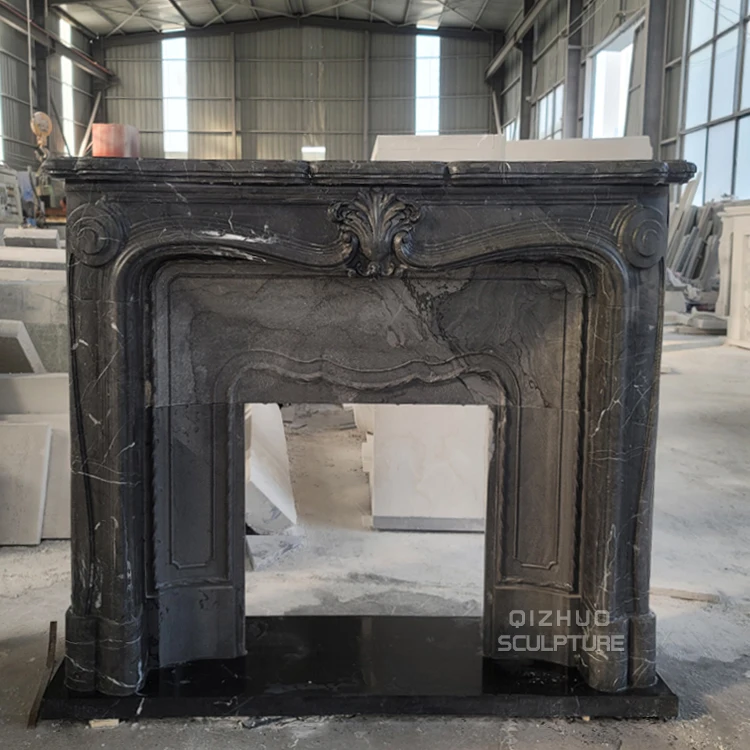 Simple Design Modern Hand Carved Natural Stone Marquina Black Marble Fireplace Surround