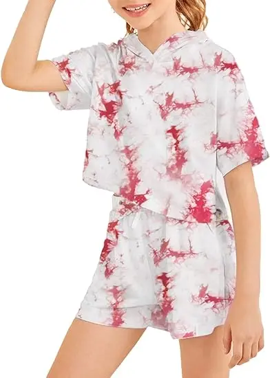 High Quality French Terry Tie Dye Girls Clothes Two Piece Short Set Summer Breathable Kids Clothing Sets