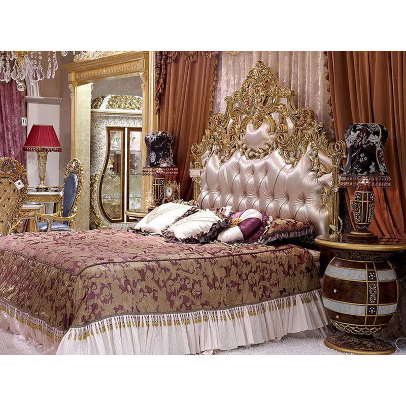 Classic Luxury Palace Style Gold Plated Brass Bedroom Set Solid Wood King Size Bed Royal Villa Furniture