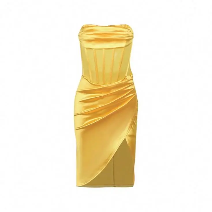 Satin Sexy Party Summer Dresses For Women Bodycon Mini Dress Club Strapless Casual Dress Black Yellow Solid Vestidos