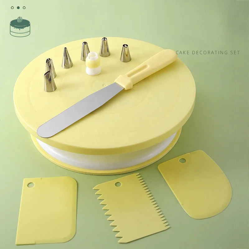 12 Cake Decorating Kit Baking Accessories Tool Cake Turntable 10.6inch Straight Spatula 3 Icing Smooth Scraper 6 Piping Nozzles