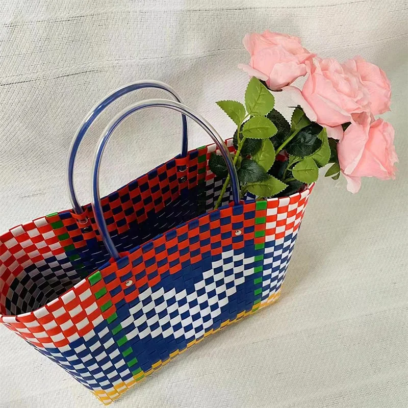 Summer Individuality New Arrivals Portable Color Contrast Ladies Purse Vacation Beach Shopping Vegetable Basket Tote Bag
