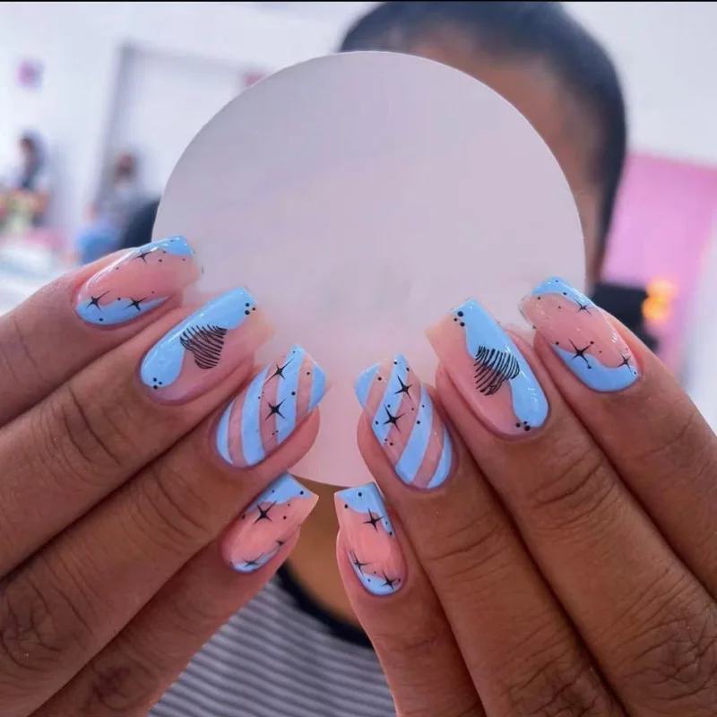 DJ02 Press on Full Cover Acrylic Nails Faux Ongle Diamond Sequins Long French Tip Blue Pink 24pcs/Box Blind Box