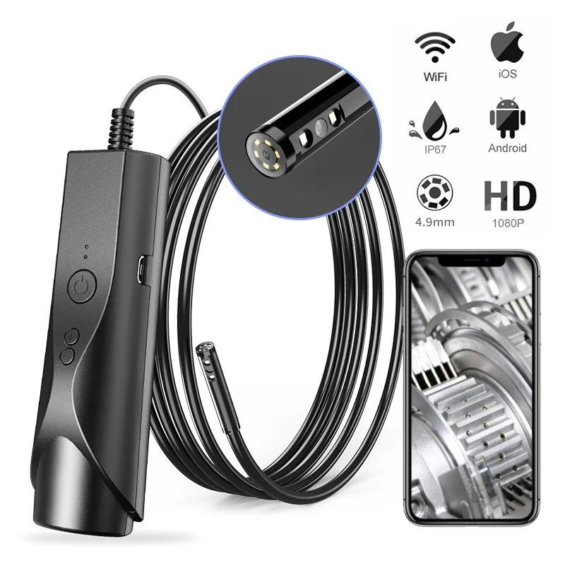 4.9mm Dual Lens Wireless Endoscope 1080P Scope Camera with 6 LED Lights Snake Inspection Camera for Android & iOS Phone 1m