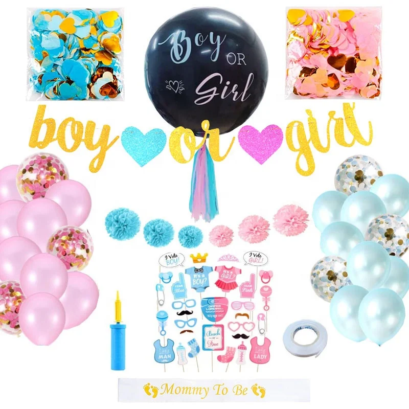 Baby Gender Reveal Party Supplies Kit Baby Shower Decorations 36 Inch Black Balloon pink Blue Confetti Boy or Girl Banner