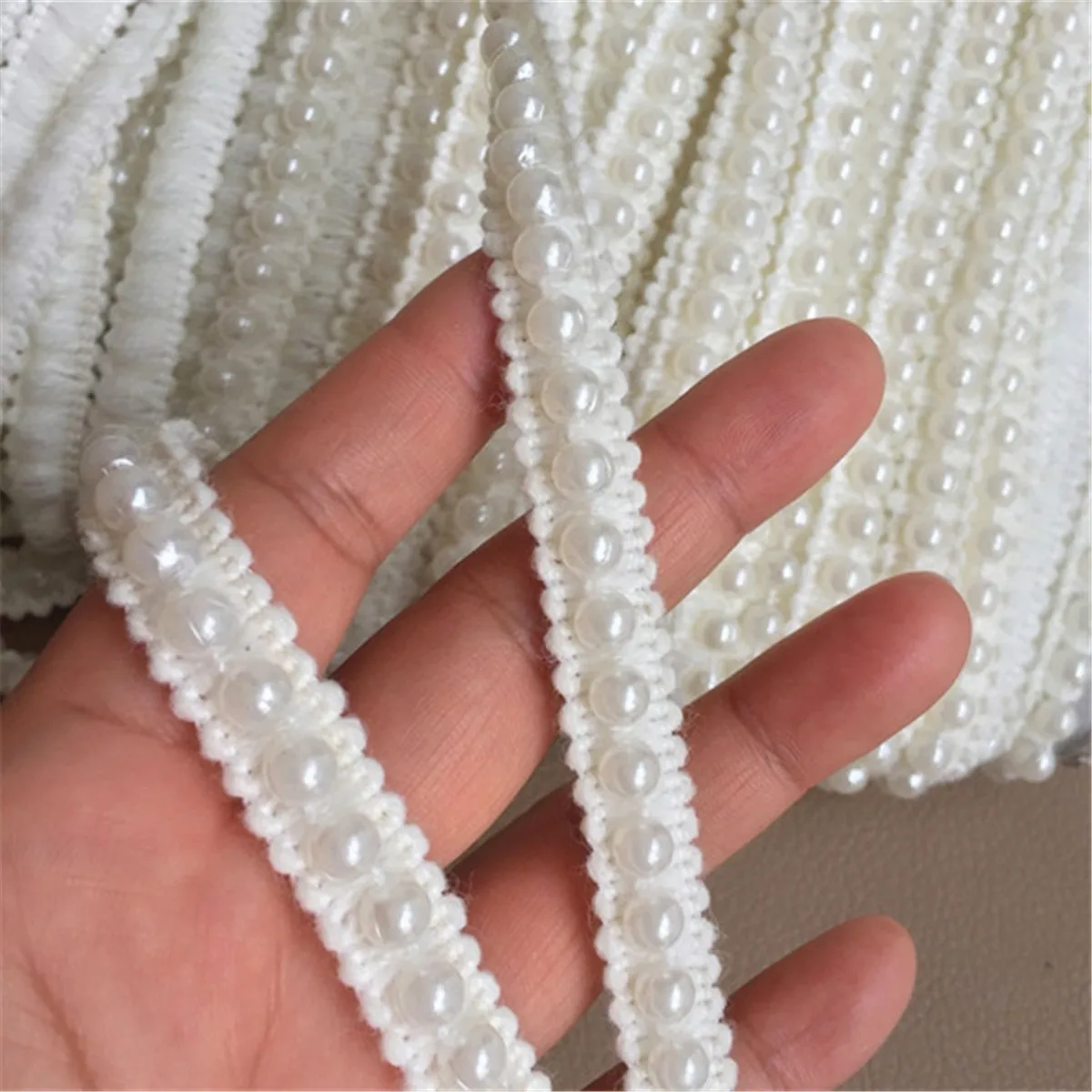 1.2cm Width Knitting Wool Pearl Beaded Lace Trim Edge Ribbon Fabric for Sewing for Decorative Objects