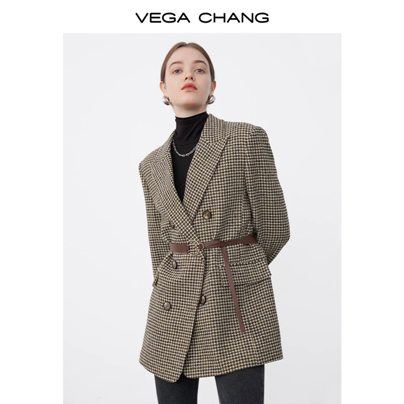 VEGA CHANG 2024 Winter Commuting Suit English Plaid Cotton clamping Waistline Vintage Premium  Woolen coat