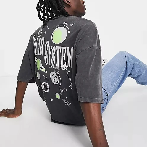 Custom Graphic T Shirts Oversized Distress T-shirt In Heavyweight Acid Washed Black With Solar System Back Print