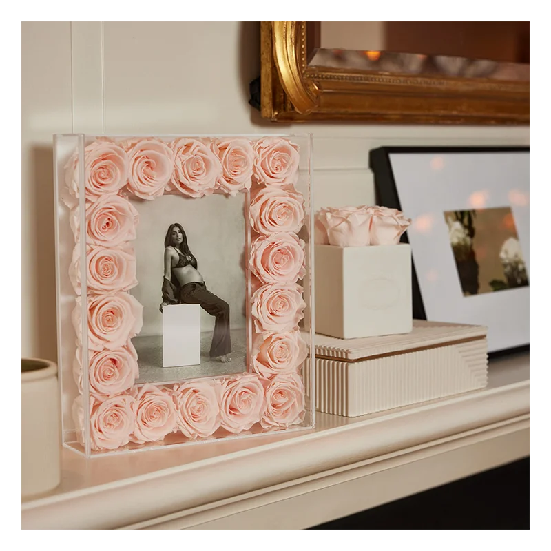 Pink White Dried Flowers Frame Enchanted Forever Eternal Preserved Rose Flower Frame Photo Frame with Flowers