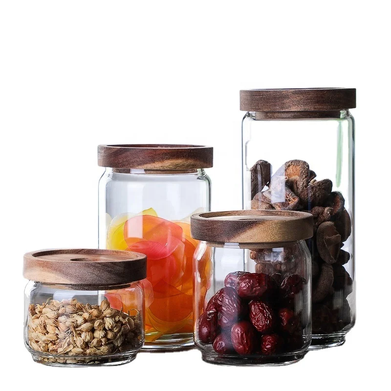 
250/500/750/1000 ML borosilicate glass air-tight storage jar, acacia wood seal food home use jar with wooden lid 