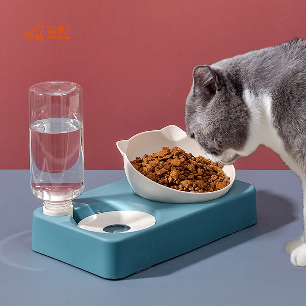 PETCOME Manufacturers Adjustable 15 Degree Tilted 2 In 1 Feeding Bottle Cat Shape Bowl