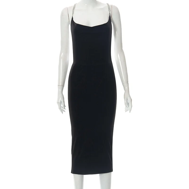 Sexy Backless White Dresses For Women 2022 Chain Ruched Black Party Long Dress Female Solid Cami Bodycon Club Midi Dress Backless White Dresses