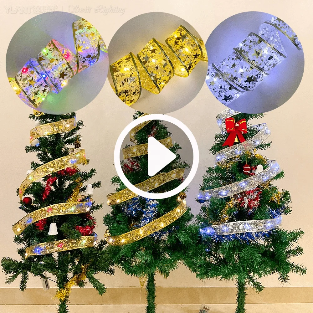 10m Christmas Lights Tree Ribbon Copper Wire Double Ribbon Glowing Bows Led Fairy Strings Lights Christmas Tree Ribbon Lights