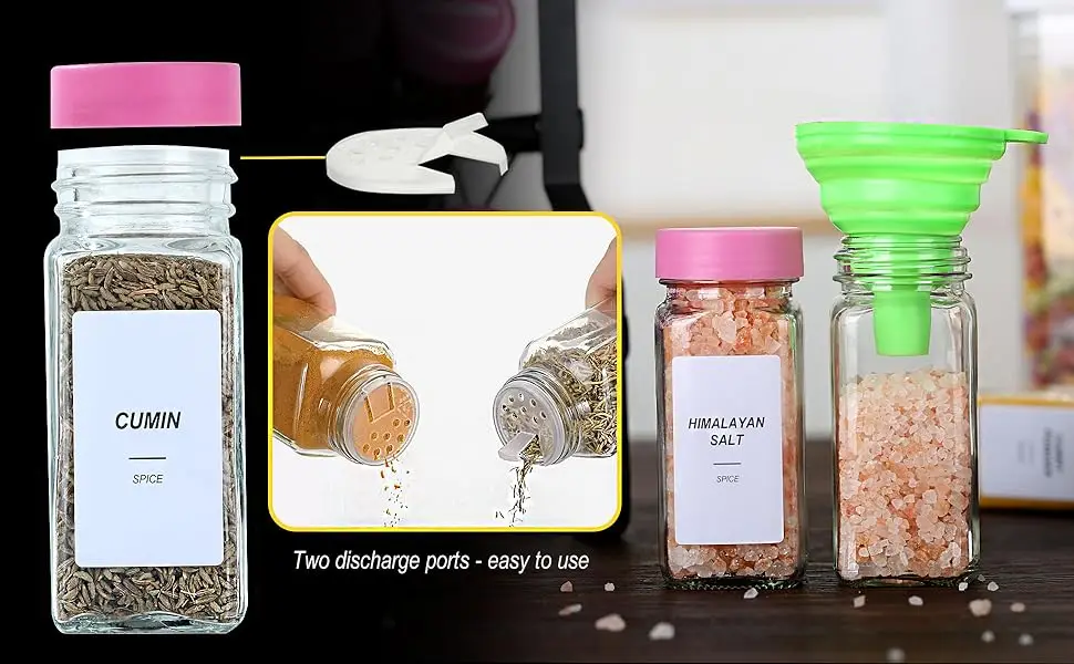 Glass Spice Jars Spice Containers with Pink Lids and Shaker Lids Spice Labels 1 Collapsible Funnel 2 Erasable Markers