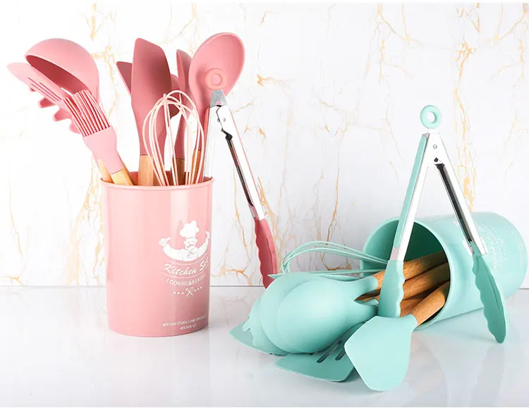 Hot sale high quality 11 piece silicone kitchenware with wooden handle 2 buyers
