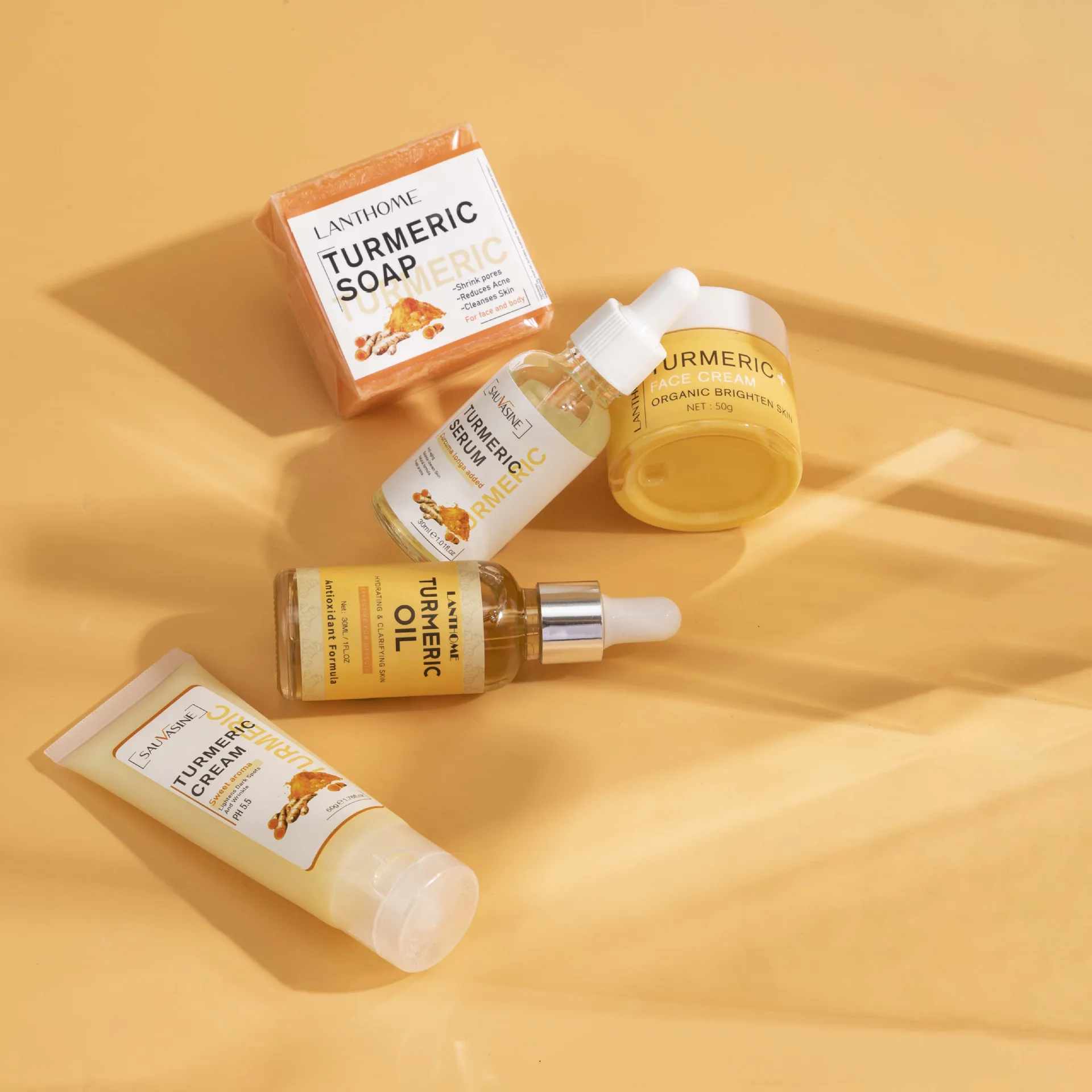 Turmeric series skin care 5-piece set  Cream Serum Cleanser Soap cleanser  Facial treatment Refreshing skin