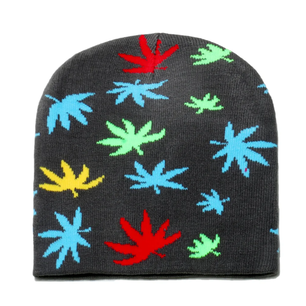 2024 New Men Women Hip Hop Autumn Winter Colorful Green Marijuana Weed Leaf Jacquard Brimless Knitted Warm Beanie Hat for Unisex