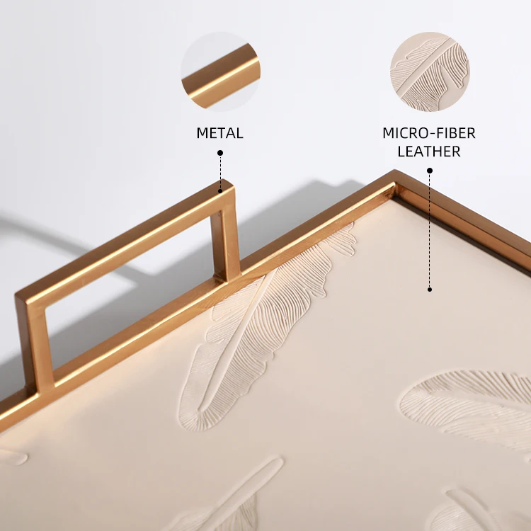 hot-sell modern hotel feather pattern decoration rectangular luxury leather tray with gold handle