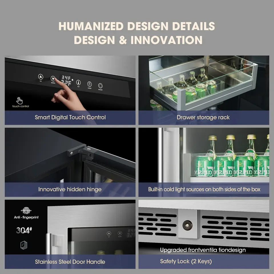 95L Capacity Freestanding and Built-in with Glass Door Wine Fridge for Kitchen Bar Office Beverage Cooler Refrigerator