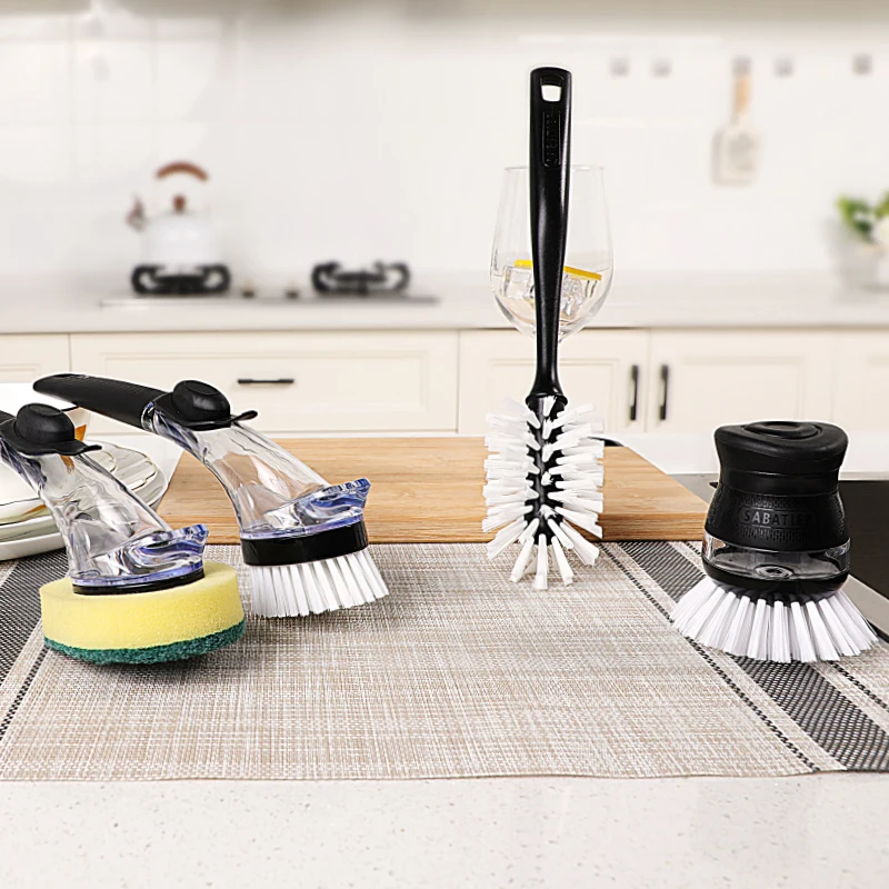 Hydraulic Kitchen pan scrub Cleaning Brush set 2 In 1 Long Handle Cleaning Brush With Sponge dishwashing liquid Dispenser brush