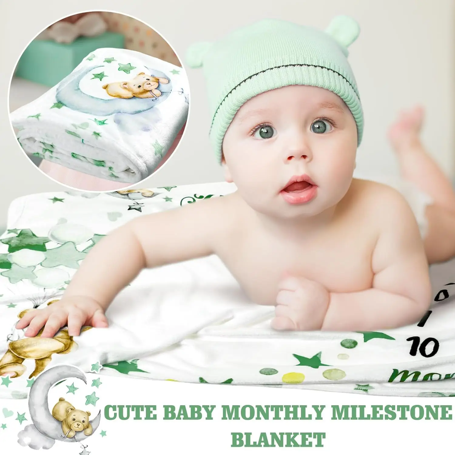 White Sublimation Bear Star Printed Flannel Fleece Monthly Baby Milestone Blanket for Newborn