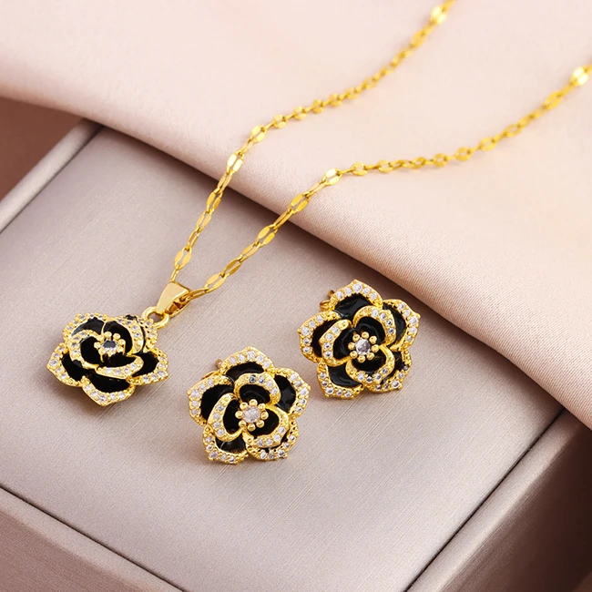 Dazgirl wholesale zircon diamond black rose pendant necklace earrings set