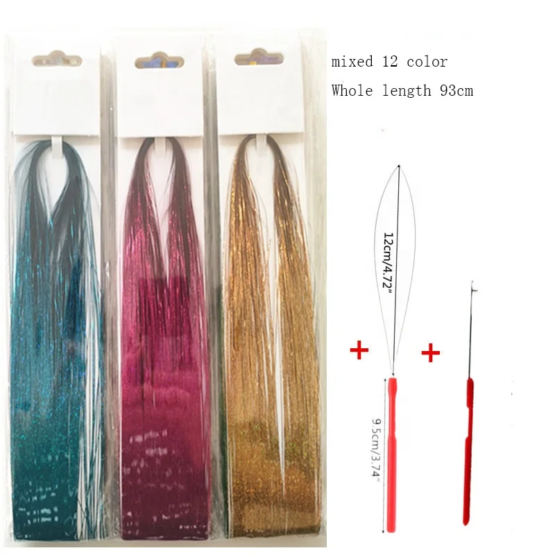Wholesale hair tinsel kit 12 Colors shiny laser wigs tinsel hair extension tool colored party highlights glitter wig for women