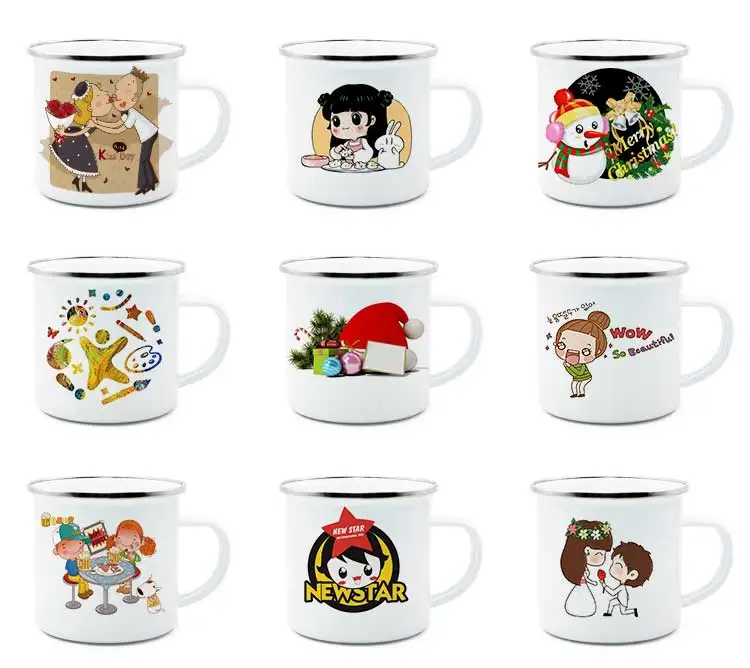 Reusable Rolled Rim Metal Steel Tin Top Grade 10oz Sublimation Custom Design LOGO Metal Enamel Mug Custom Enamel Camp Mug