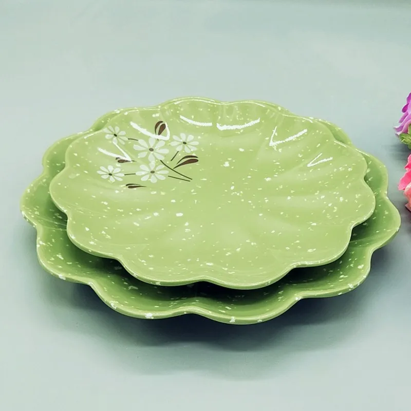 Custom Classic Design Round Plastic Plate Durable 9 Inch Green Flower Shape Reusable Melamine Plates