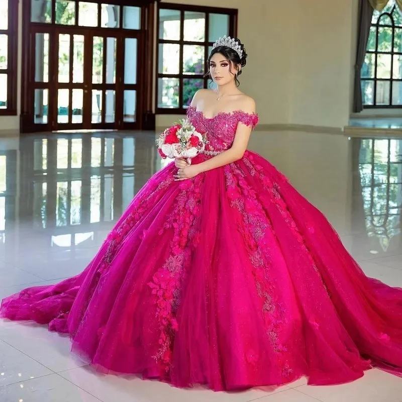 Mily Свадебные платья MQ117 фуксия с открытыми плечами Quinceanera 3D цветы блестками аппликации милые 16 Vestidos De 15 Anos кружева