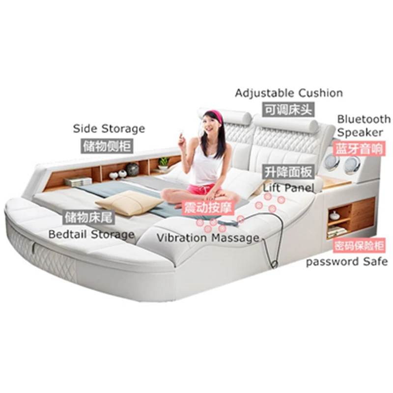 Новое поступление, набор для спальни, многофункциональная кровать, музыкальный динамик, массажное сиденье, кожаные деревянные кровати