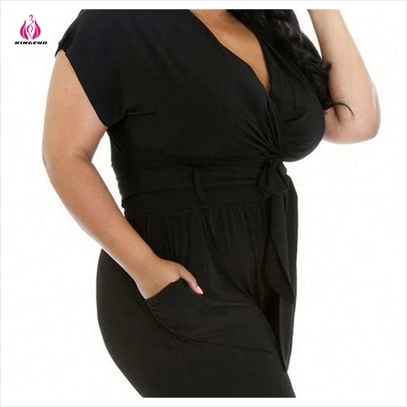 K2152 Wholesale Fashion V-Neck Short-Sleeved Solid Color Sexy Plus Size Jumpsuit Romper For Fat Women
