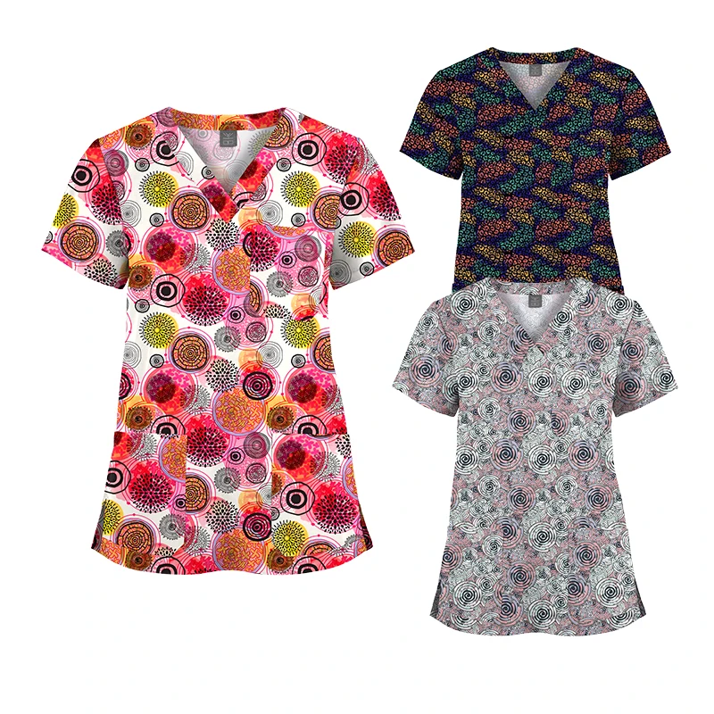 New Floral Prints Custom Gown Women And Men Nurse Scrubs Top V-Neck Private Patterns Custom Print Nursing Tops