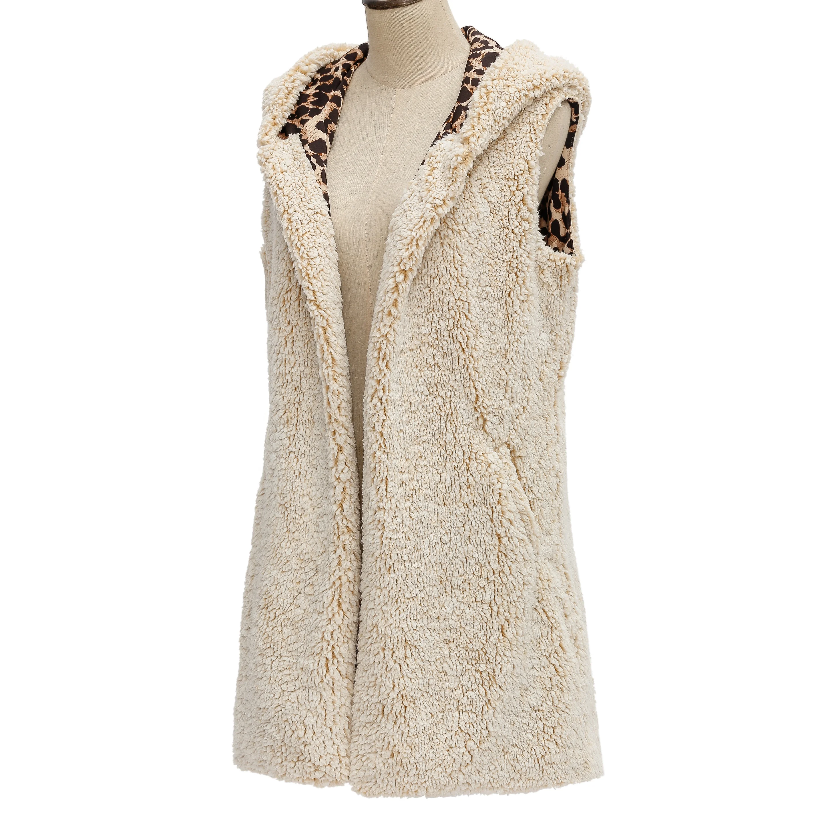 Sleeveless Open Front Reversible Fleece Vests Faux Fur Hooded Sherpa Vest For Women