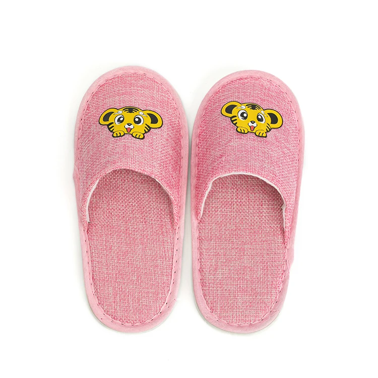 100% New style good-looking all season linen girl funny tiger pattern washable kids hotel slippers