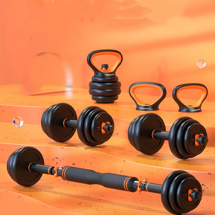 
New style 6 in 1 adjustable fitness equipment barbell set kettle bell combination suit dumbbell set 