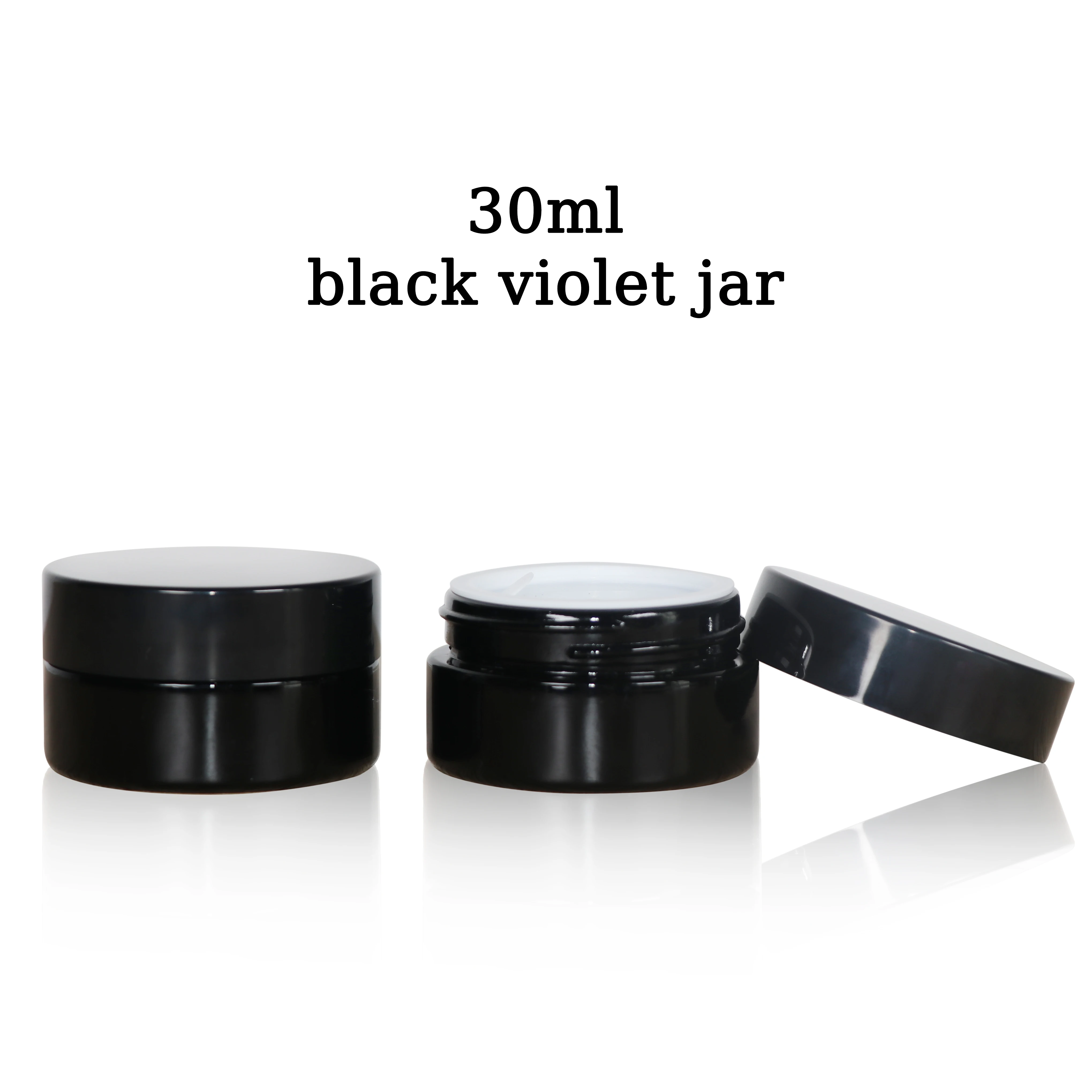 Wholesale 30g black uv tall round violet shorter fatter  screw top smell proof wide mouth storage stash glass jars with ABS